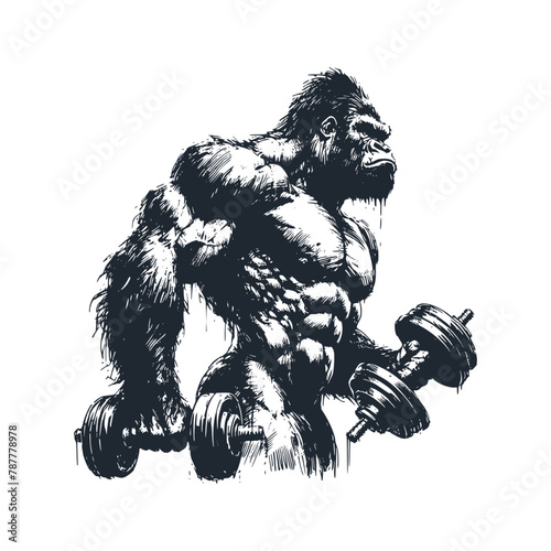 The gorilla fitness. Black white vector illustration. 