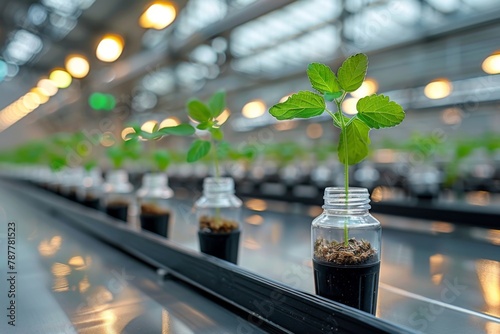 Young plants sprouting from upcycled light bulbs in a hydroponic greenhouse.