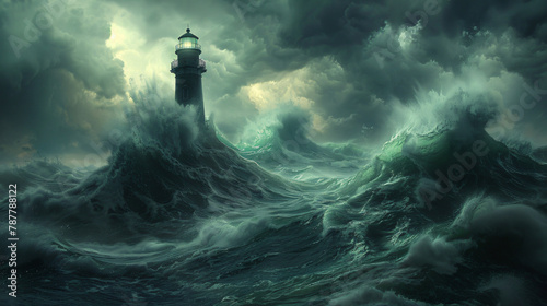 Raging Seas: Stormy Dramatic Seascape with Lighthouse