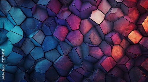Translucent polygons shimmering with iridescence against a dark digital canvas.
