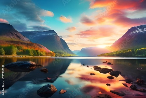 Impressive summer sunrise on the Innerdalsvatna lake. Colorful morning scene in Norway, Europe. Beauty of nature concept background. Generative AI