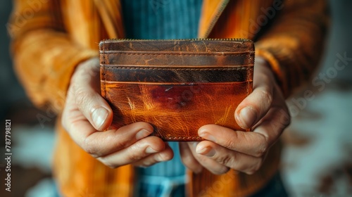  A tight shot of a person clutching a wallet in one hand and an apple in the other hand
