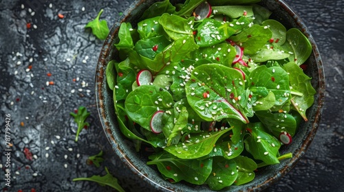  A black surface holds a bowl of green salad topped with radishes and a sprinkle of seasonings