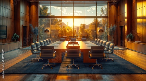  A conference room featuring a sizable table and chairs aligned before a generously-sized window overlooking mountain vistas