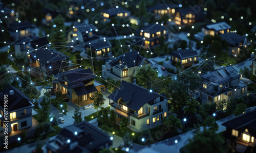 A small town features houses and greenery, with dark blue lighting and network lines connecting each house.
