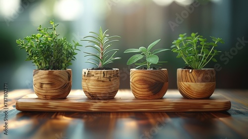  Three wooden planters atop a table, holding plants with green, leafy growth