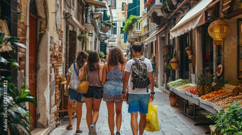 Group of friends exploring an ancient city narrow alleyways and vibrant markets