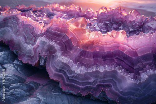 Group of purple amethyst crystals on beach, surreal natural wallpaper background