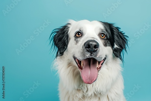 studio portrait of large white and black mixed breed dog with tongue sticking out against a blue background . photo on white isolated background