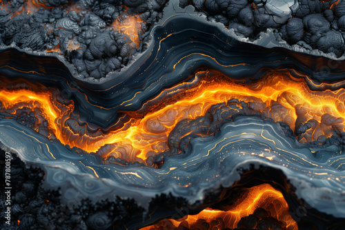 Volcanic eruption detail with molten lava and ash layers natural wallpaper background