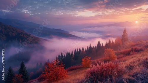 cold fog in the rural valley of Carpathian mountain range with sun and moon at twilight. trees with colorful foliage on the hillside meadow in morning light.