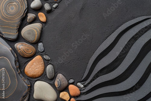 Black sand that was flat and had a lovely pattern made of stones. Zen concept, Generative AI.