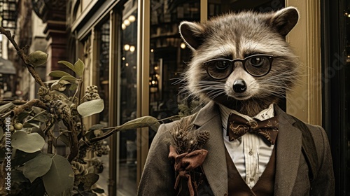 Imagine a dapper raccoon in a tweed blazer, complete with a bowler hat and a vintage pocket watch. Amidst a backdrop of city streets, it exudes old-world charm and urban elegance. The vibe: timeless a