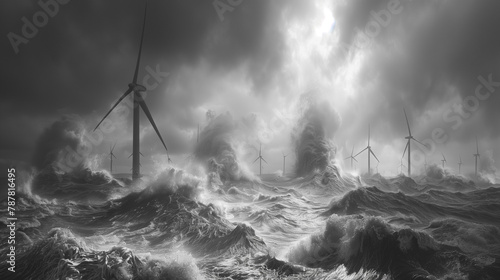 Dramatic stormy weather threatens a wind farm. 