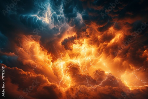 A stormy sky with orange and blue clouds