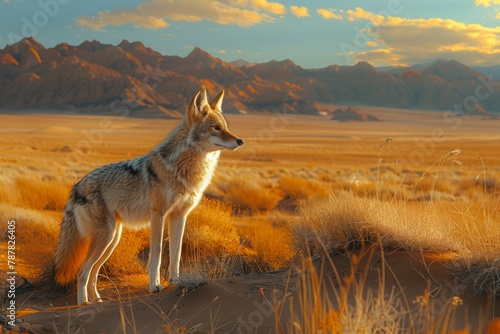 A coyote is standing in the desert, looking to the left