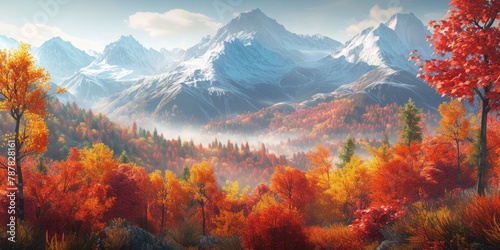 A mesmerizing view of snow-capped mountains in autumn, trees adorned with fiery hues of the season's foliage. 🍁❄️🏔️ Experience the magic of autumn meeting winter! #AutumnSnowscape