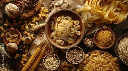 Italian pasta collection on rustic wooden table.