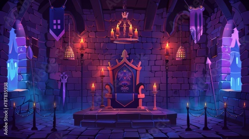 Modern cartoon illustration of a castle room. Knights in metal armor, tapestries and candles hanging from candelabras on stone walls, game background.