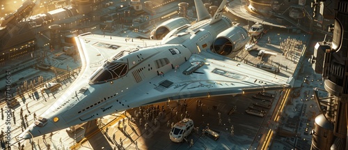 A large white space ship is parked on a runway with people standing around it
