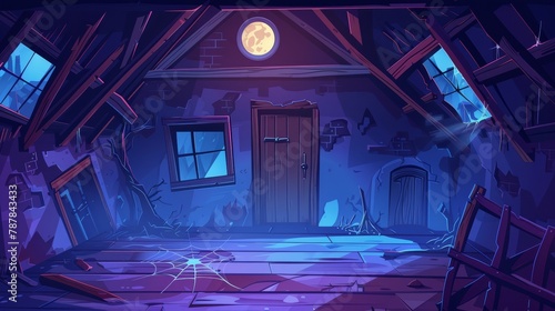 Attic of abandoned house at night. Broken roof, walls, beams, clutter and spiderwebs. Messy mansard with hatch in floor and moonlight. Cartoon modern illustration.