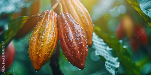 Rain-Kissed Cocoa Pods Hanging Amidst Lush Foliage in a Tropical Grove