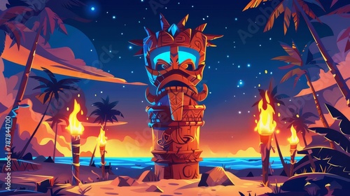 Website with tiki bar illustration and wooden tribal mask. Modern drawing of polynesian totem and palm trees in the night.