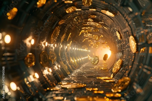Bitcoin coins soaring through a futuristic tunnel, symbolizing rapid digital financial transactions