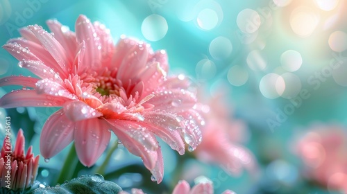 A stunning dewdrop rests on the petal of a pink chrysanthemum flower, capturing the essence of summer and spring in nature's close-up macro view. Sunlight rays shine against a turquoise sky, adding to