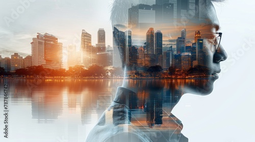 A double exposure showcasing a business engineer alongside an abstract city, conveying a conceptual message.