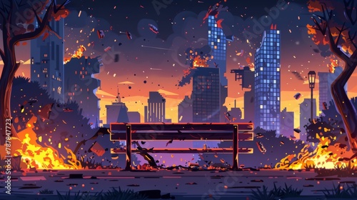 A city park is in flames, war has ravaged it, abandoned benches are burning, and skyscraper buildings are in collapse. Cartoon apocalypse game scene with layers.