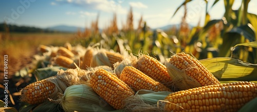 Ripe corn on the cob in the field. Agricultural background.