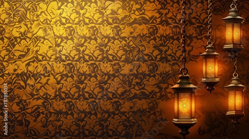 An arabesque pattern background with golden arabic lanterns