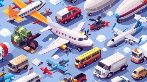 This modern banner features an isometric illustration of propeller planes, mini autos, airships, and vans.