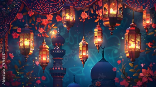 Happy Eid Mubarak written in Arabic with lanterns and mosque on an arabesque flower pattern