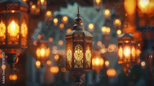 An arabesque hanging lantern with Eid Mubarak calligraphy represents a happy holiday.