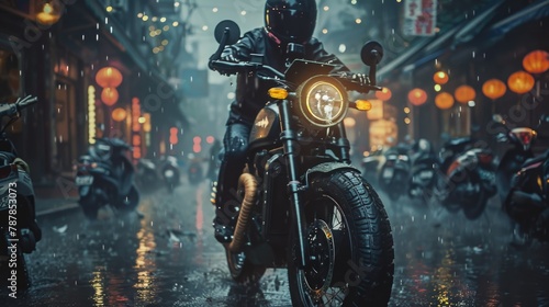 Man riding motorcycle down rain soaked street