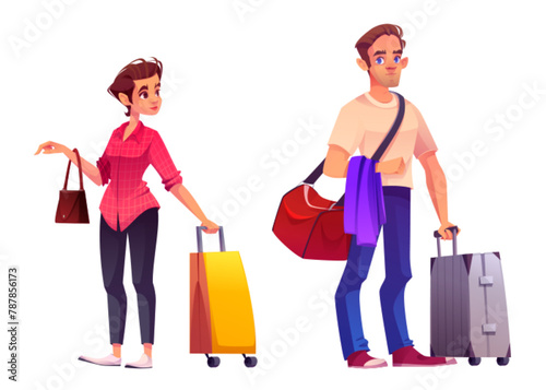 People with suitcase travel by airplane or train. Cartoon vector illustration set of young man and woman carrying luggage. Vacation or business male and female travel passenger with baggage bag.