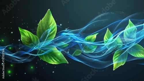 The idea of freshness is created by the blue air or the flow of wind combined with green leaves. Glow waves and swirls, wand trails, menthol breath, and detergent isolated on transparent background.