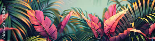 Lush tropical jungle flora in vivid colors, stylized summer vibes island palm tree foliage, bird of paradise plant leaves
