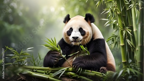 Massive panda consuming bamboo HD 8K wallpaper Stock Photo