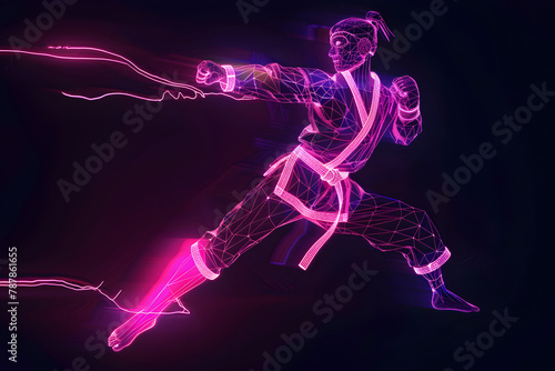 Neon wireframe illustration of taekwondo black belt practicing kicks isotated on black background.