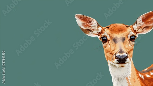  A tight shot of a deer's face against a green backdrop, framed by a blue sky