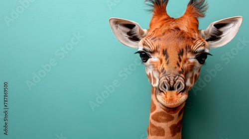  A tight shot of a giraffe's head against a blue backdrop, featuring a green wall in the distance