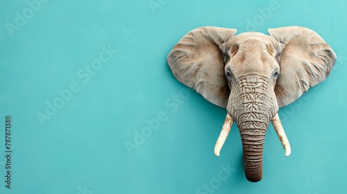  A tight shot of an elephant's head against a blue backdrop, its tusks forming a curl resembling a trunk