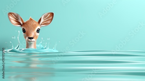  A deer in water, head emerged; face splashed by a water ripple