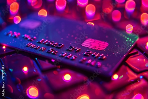 Close-up of a credit card with glowing numbers under colorful lights