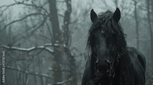  A black horse stands solo in the heart of the fog-shrouded forest Trees and tangled branches frame the scene