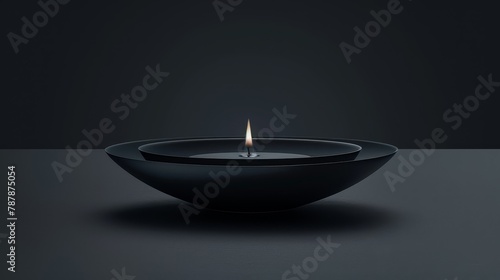  A black bowl holds a lit candle, situated on a black surface against a backdrop of a black wall
