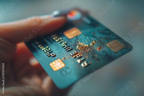 Close-up view of a person holding a credit card with a sparkling design